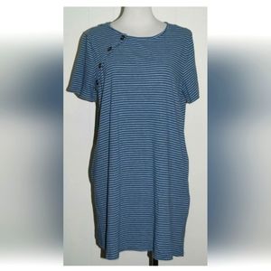 Umgee USA Cotton Blend Blue White Stripe Button Detail SS Pullover Dress Small